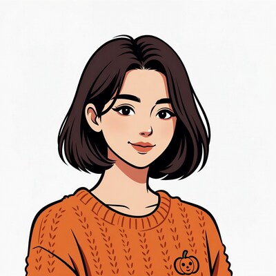Asian girl in orange sweater with pumpkin