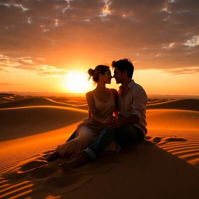 Couple embracing at sunset in desert