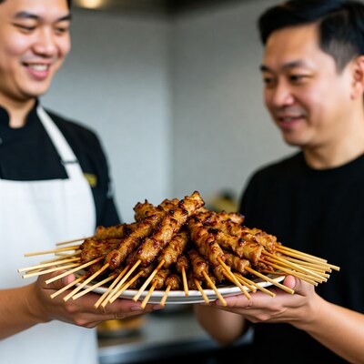 Asian chef holding satay skewers