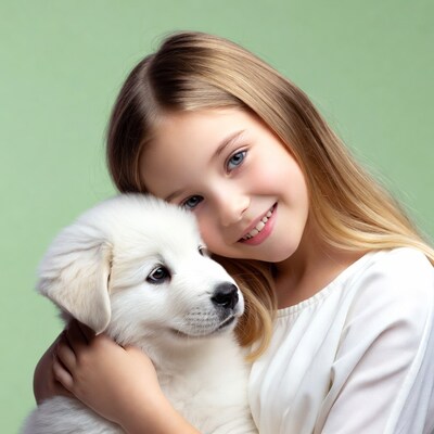 Girl hugging white puppy