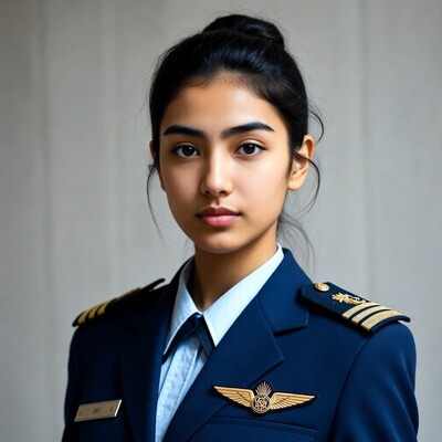 Asian woman in navy pilot uniform