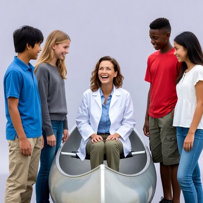 Teacher and students around canoe