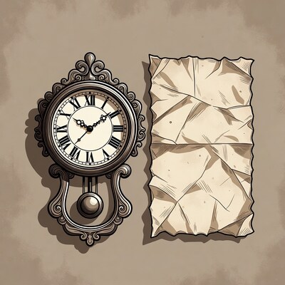 Vintage Wall Clock and Crumpled Paper