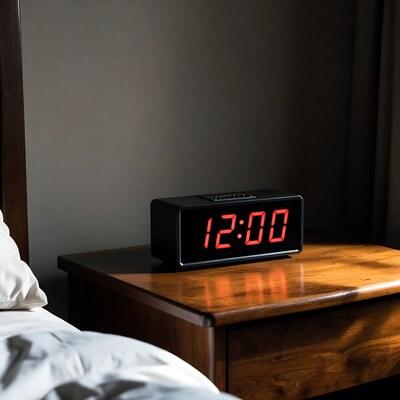 Red Digital Alarm Clock on Nightstand