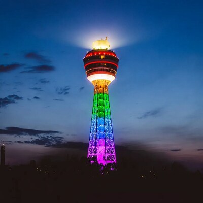 Rainbow-lit CN Tower at Night