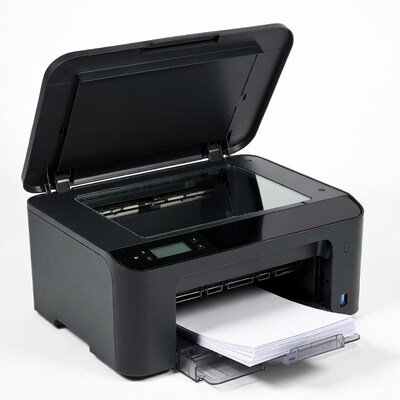 Black inkjet printer with open lid