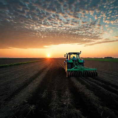 Green Tractor Plowing Field at Sunset