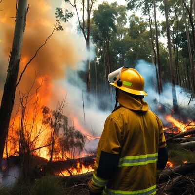 Firefighter facing bushfire in eucalyptus forest