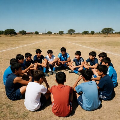 Boys soccer team in circle huddle