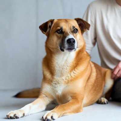 Brown dog lying with owner hand