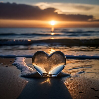 Crystal heart on beach at sunset