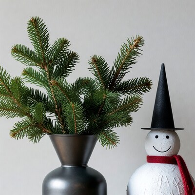 Snowman with spruce branches in vase