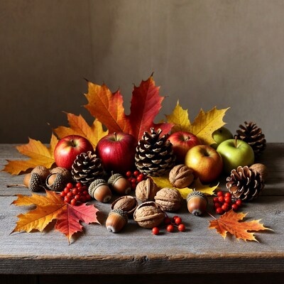 Autumn Fall Leaves Apples Acorns Pinecones