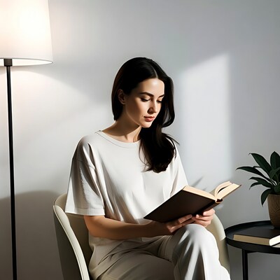 Woman reading book by lamp