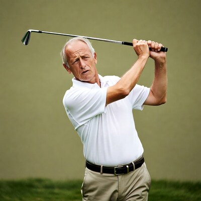 Elderly man swinging golf club
