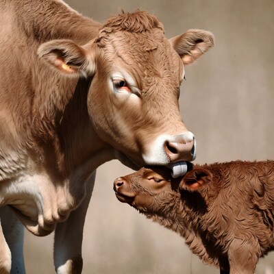 Mother Cow Licking Calf
