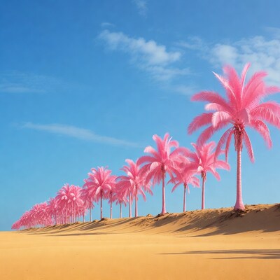 Pink palm trees on desert dune
