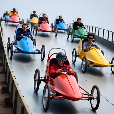 Colorful soapbox derby racers on bridge