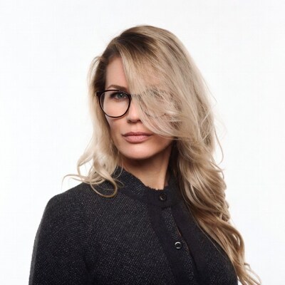 Blonde woman in glasses and gray jacket