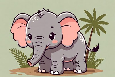 Cute baby elephant near palm tree