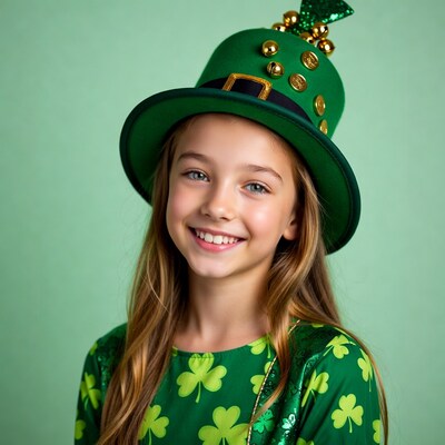 Girl in leprechaun hat smiling