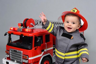 Baby boy in firefighter costume with toy truck