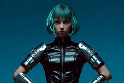 Cyberpunk woman with teal hair and armor