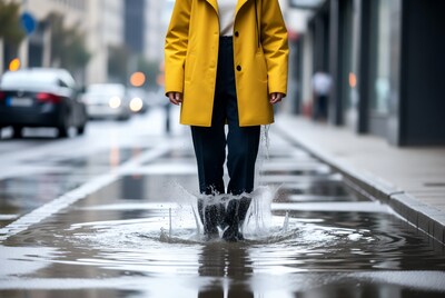 Woman splashing puddle in yellow raincoat