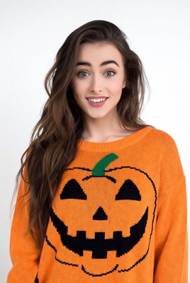 Woman in orange pumpkin sweater