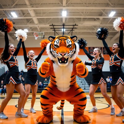 Cheerleader girls with tiger mascot