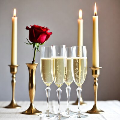 Champagne glasses with rose and candles