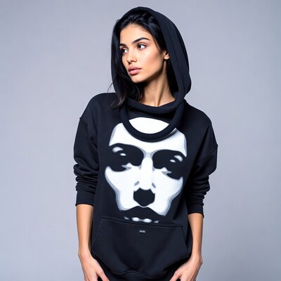 Woman in black skull hoodie