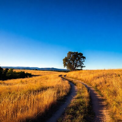 Dirt path through golden grass field