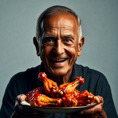 Elderly Asian man holding buffalo wings