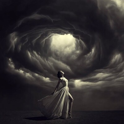 Woman in white gown under stormy clouds