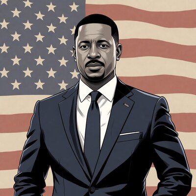 African-American man in suit with American flag