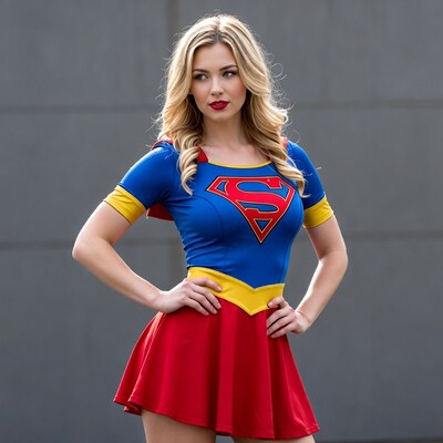 Blonde woman in Supergirl costume