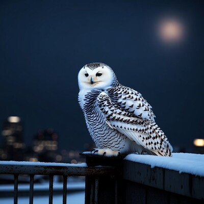 Snowy Owl Perched on Snowy Railing