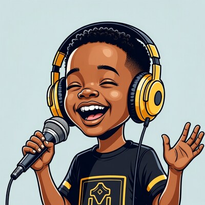 African-American boy singing with headphones