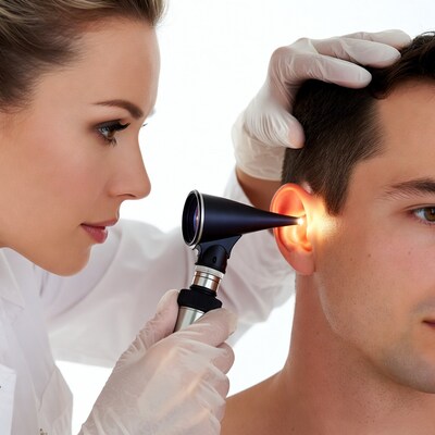 Female doctor examining man's ear