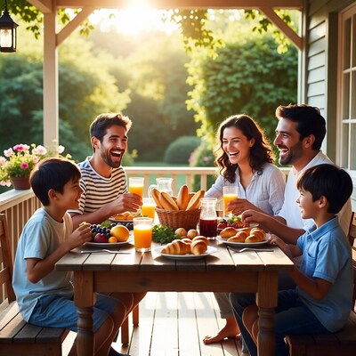 Family eating breakfast on sunny porch