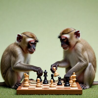 Two monkeys playing chess