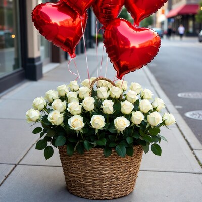 Red heart balloons white roses basket