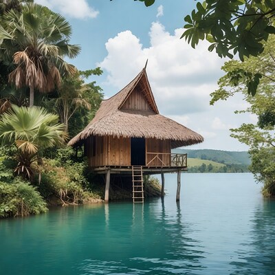 Stilt house over turquoise lake