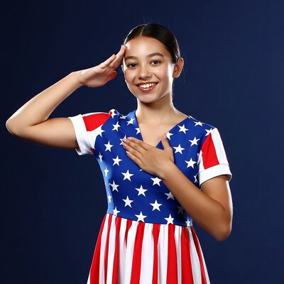 Girl saluting in American flag dress