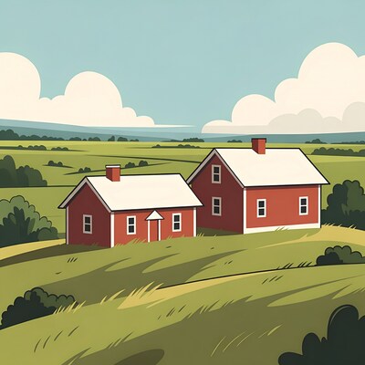 Red and White Farmhouses in Green Field