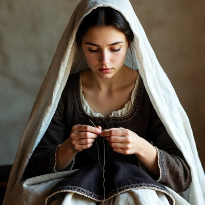 Woman sewing with needle and thread