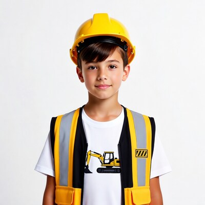 Boy in hard hat with excavator shirt