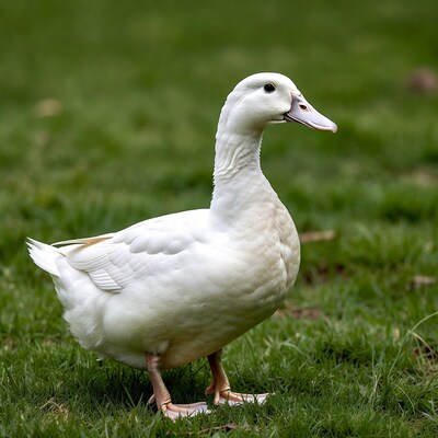 White duck standing on green grass