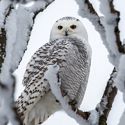Snowy Owl Perched on Snowy Branch